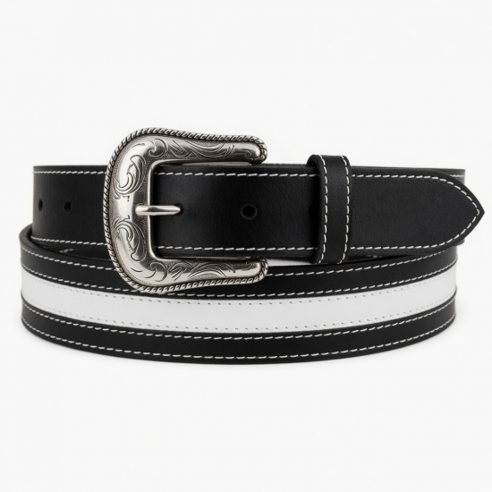 Black White Western Leather Buckle Belt