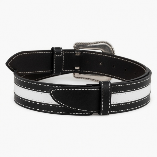 Black White Western Leather Buckle Belt