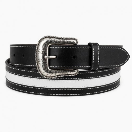 Black White Western Leather Buckle Belt